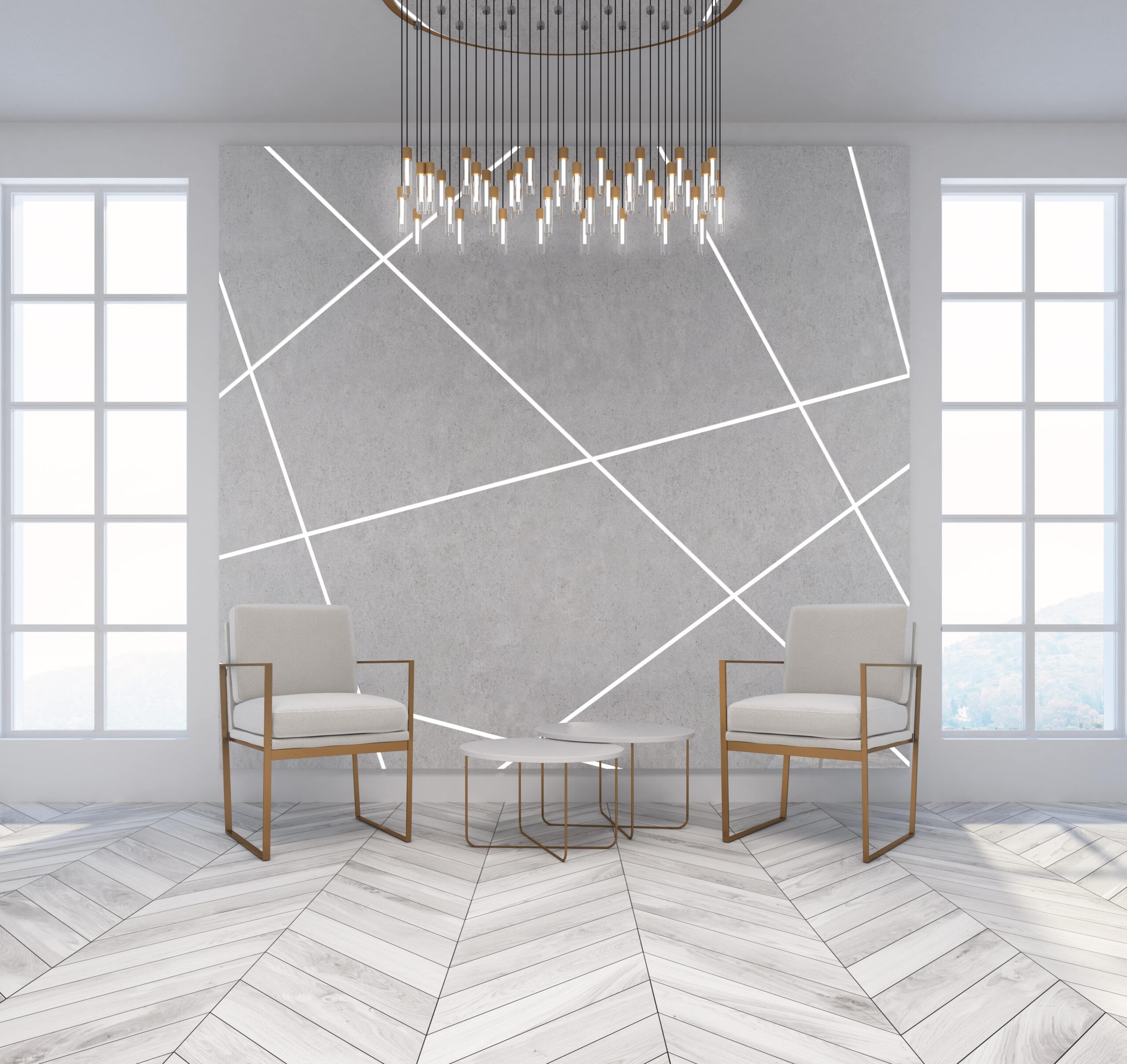gray-white-wall-pattern-living-room-with-white-wooden-floor-loft-windows-two-white-armchairs-standing-near-coffee-table-futuristic-minimalism-3d-rendering-mock-up-min